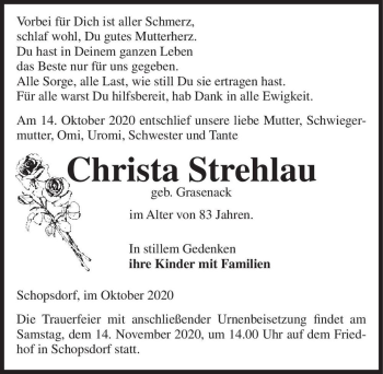 Traueranzeige von Christa Strehlau (geb. Grasenack)  von Magdeburger Volksstimme