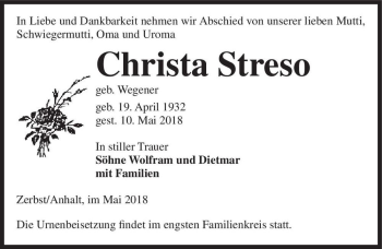 Traueranzeige von Christa Streso (geb. Wegener)  von Magdeburger Volksstimme