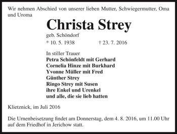 Traueranzeige von Christa Strey (geb. Schöndorf)  von Magdeburger Volksstimme