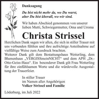 Traueranzeige von Christa Strissel  von Magdeburger Volksstimme