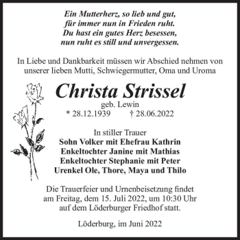 Traueranzeige von Christa Strissel (geb. Lewin)  von Magdeburger Volksstimme