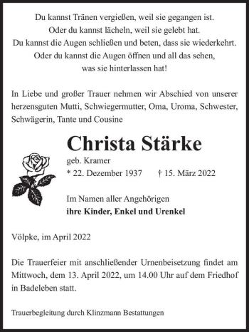 Traueranzeige von Christa Stärke (geb. Kramer)  von Magdeburger Volksstimme