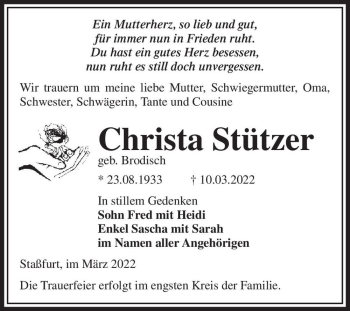 Traueranzeige von Christa Stützer (geb. Brodisch)  von Magdeburger Volksstimme