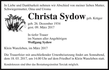 Traueranzeige von Christa Sydow (geb. Krüger)  von Magdeburger Volksstimme