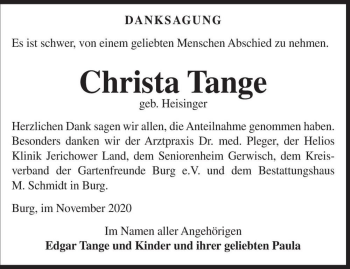 Traueranzeige von Christa Tange (geb. Heisinger)  von Magdeburger Volksstimme