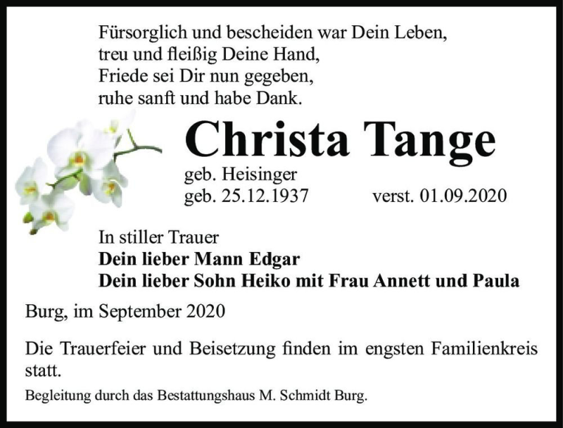  Traueranzeige für Christa Tange (geb. Heisinger)  vom 19.09.2020 aus Magdeburger Volksstimme