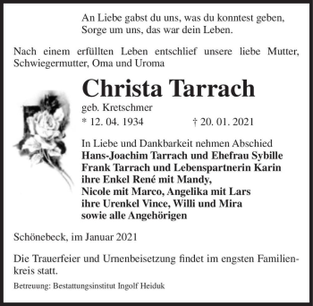 Traueranzeige von Christa Tarrach (geb. Kretschmer)  von Magdeburger Volksstimme