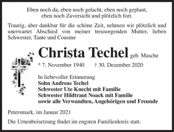 Traueranzeige von Christa Techel (geb. Masche)  von Magdeburger Volksstimme