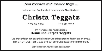 Traueranzeige von Christa Teggatz  von Magdeburger Volksstimme
