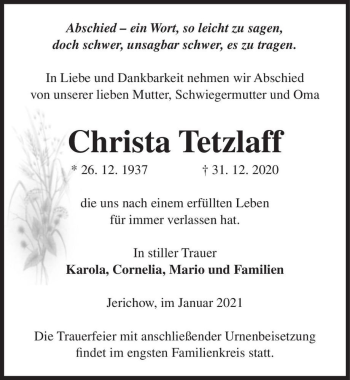 Traueranzeige von Christa Tetzlaff  von Magdeburger Volksstimme