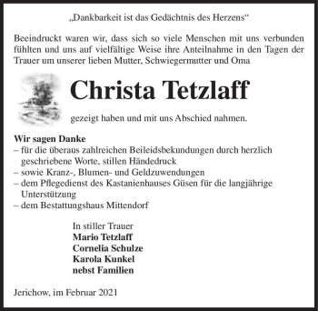 Traueranzeige von Christa Tetzlaff  von Magdeburger Volksstimme