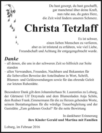 Traueranzeige von Christa Tetzlaff  von Magdeburger Volksstimme