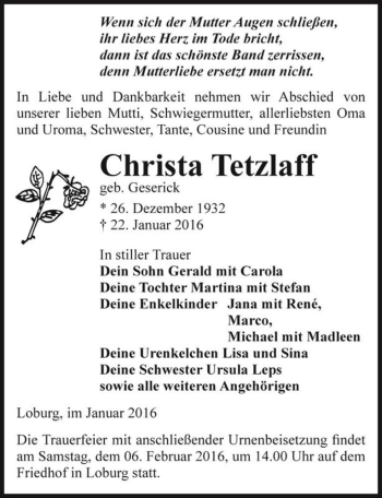 Traueranzeige von Christa Tetzlaff (geb. Geserick)  von Magdeburger Volksstimme