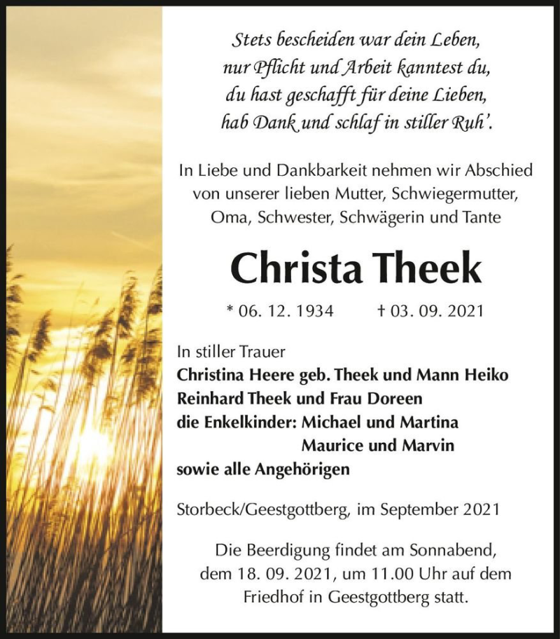  Traueranzeige für Christa Theek  vom 11.09.2021 aus Magdeburger Volksstimme