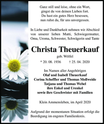 Traueranzeige von Christa Theuerkauf (geb. Wölfel)  von Magdeburger Volksstimme