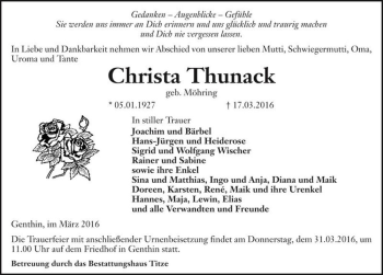 Traueranzeige von Christa Thunack (geb. Möhring)  von Magdeburger Volksstimme