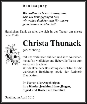 Traueranzeige von Christa Thunack (geb. Möhring)  von Magdeburger Volksstimme