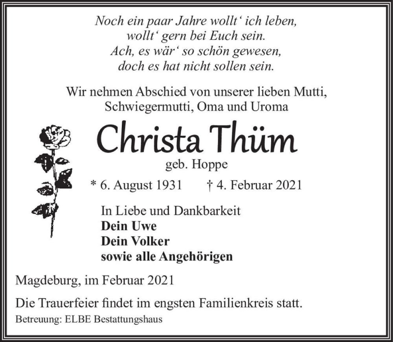  Traueranzeige für Christa Thüm (geb. Hoppe)  vom 20.02.2021 aus Magdeburger Volksstimme