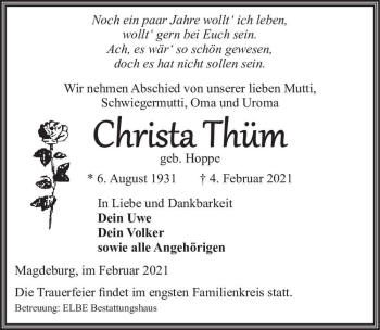 Traueranzeige von Christa Thüm (geb. Hoppe)  von Magdeburger Volksstimme