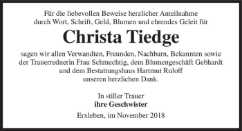 Traueranzeige von Christa Tiedge  von Magdeburger Volksstimme