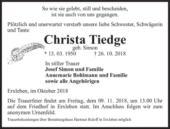 Traueranzeige von Christa Tiedge (geb. Simon)  von Magdeburger Volksstimme