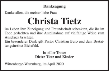 Traueranzeige von Christa Tietz  von Magdeburger Volksstimme