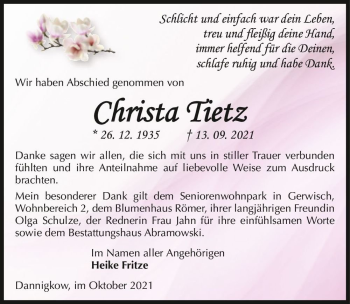 Traueranzeige von Christa Tietz  von Magdeburger Volksstimme