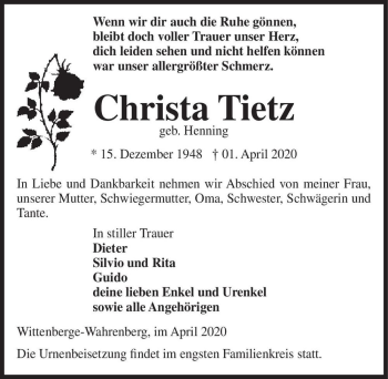 Traueranzeige von Christa Tietz (geb. Henning)  von Magdeburger Volksstimme