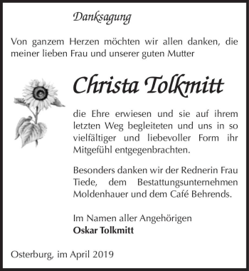 Traueranzeige von Christa Tolkmitt  von Magdeburger Volksstimme
