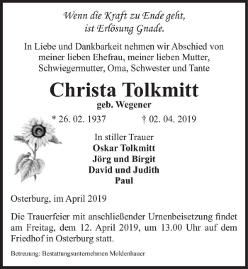 Traueranzeige von Christa Tolkmitt (geb. Wegener)  von Magdeburger Volksstimme