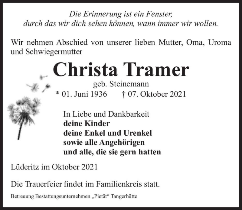  Traueranzeige für Christa Tramer (geb. Steinemann)  vom 23.10.2021 aus Magdeburger Volksstimme