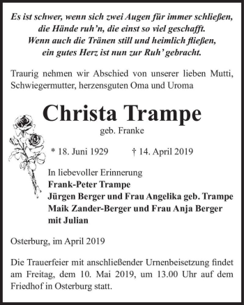 Traueranzeige von Christa Trampe (geb. Franke)  von Magdeburger Volksstimme