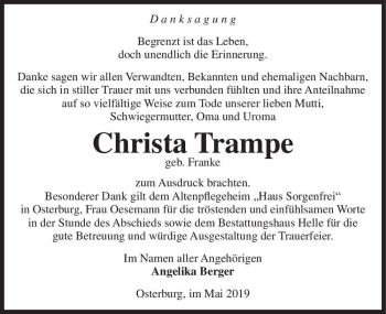 Traueranzeige von Christa Trampe (geb. Franke)  von Magdeburger Volksstimme