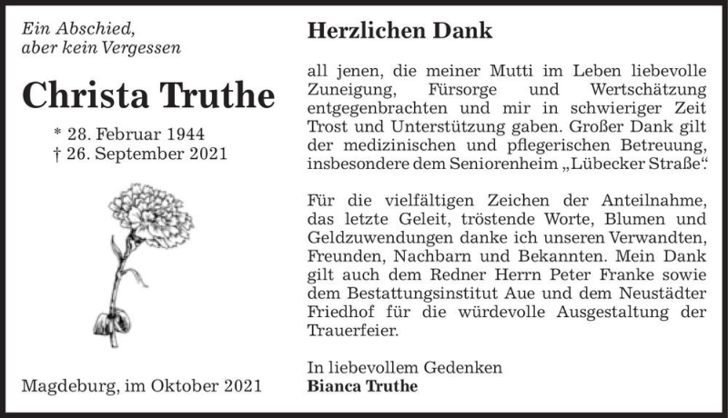  Traueranzeige für Christa Truthe  vom 23.10.2021 aus Magdeburger Volksstimme
