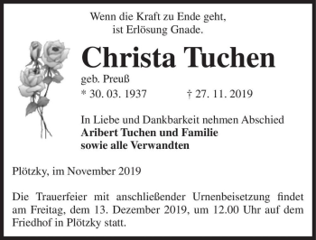 Traueranzeige von Christa Tuchen (geb. Preuß)  von Magdeburger Volksstimme