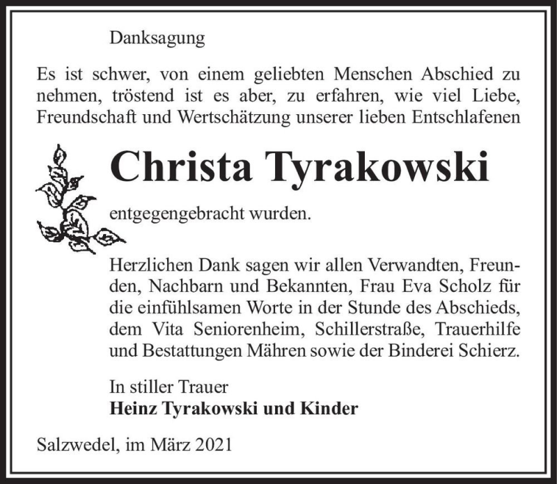  Traueranzeige für Christa Tyrakowski  vom 10.03.2021 aus Magdeburger Volksstimme