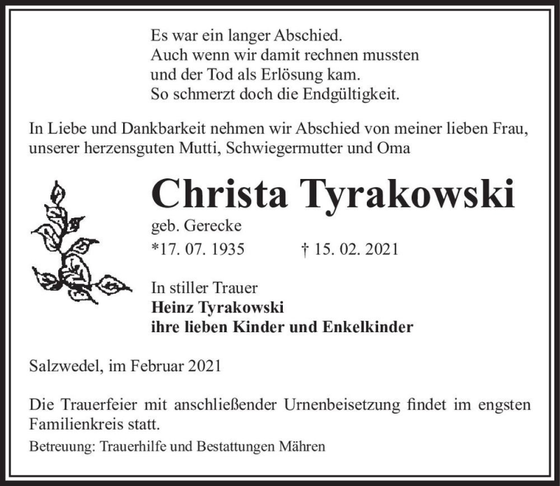  Traueranzeige für Christa Tyrakowski (geb. Gerecke)  vom 17.02.2021 aus Magdeburger Volksstimme