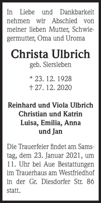 Traueranzeige von Christa Ulbrich (geb. Siersleben)  von Magdeburger Volksstimme
