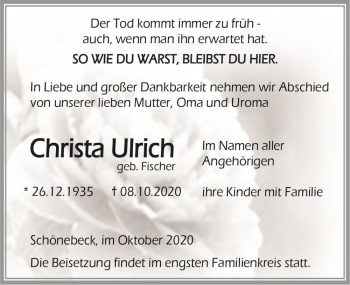 Traueranzeige von Christa Ulrich (geb. Fischer)  von Magdeburger Volksstimme