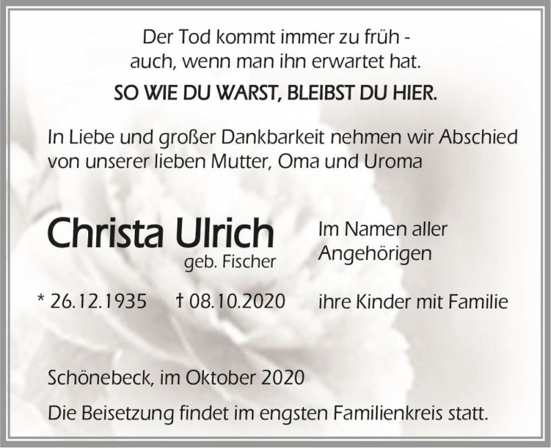  Traueranzeige für Christa Ulrich (geb. Fischer)  vom 17.10.2020 aus Magdeburger Volksstimme