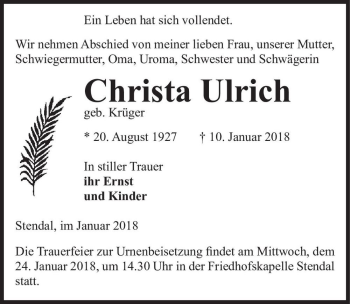 Traueranzeige von Christa Ulrich (geb. Krüger)  von Magdeburger Volksstimme