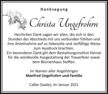 Traueranzeige von Christa Ungefrohrn  von Magdeburger Volksstimme