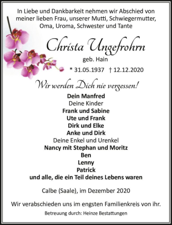 Traueranzeige von Christa Ungefrohrn (geb. Hain)  von Magdeburger Volksstimme