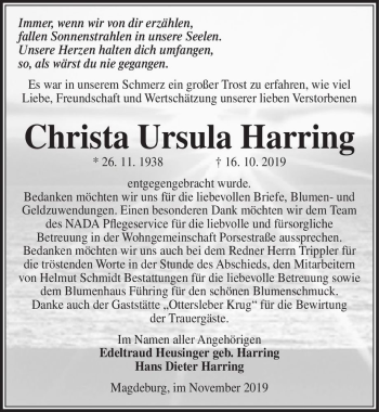 Traueranzeige von Christa Ursula Harring  von Magdeburger Volksstimme