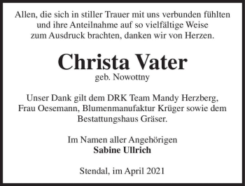 Traueranzeige von Christa Vater (geb. Nowottny)  von Magdeburger Volksstimme