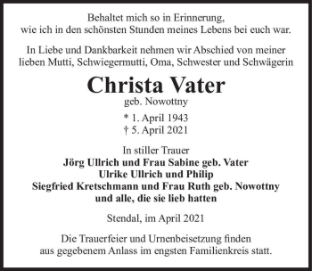 Traueranzeige von Christa Vater (geb. Nowottny)  von Magdeburger Volksstimme