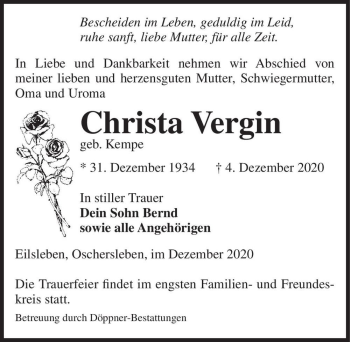 Traueranzeige von Christa Vergin (geb. Kempe)  von Magdeburger Volksstimme