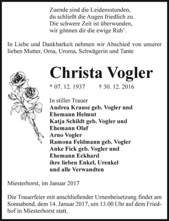 Traueranzeige von Christa Vogler  von Magdeburger Volksstimme