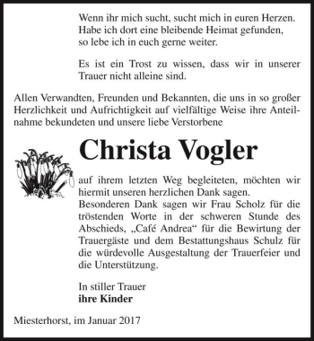 Traueranzeige von Christa Vogler  von Magdeburger Volksstimme
