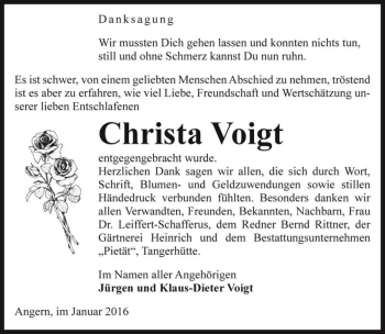 Traueranzeige von Christa Voigt  von Magdeburger Volksstimme